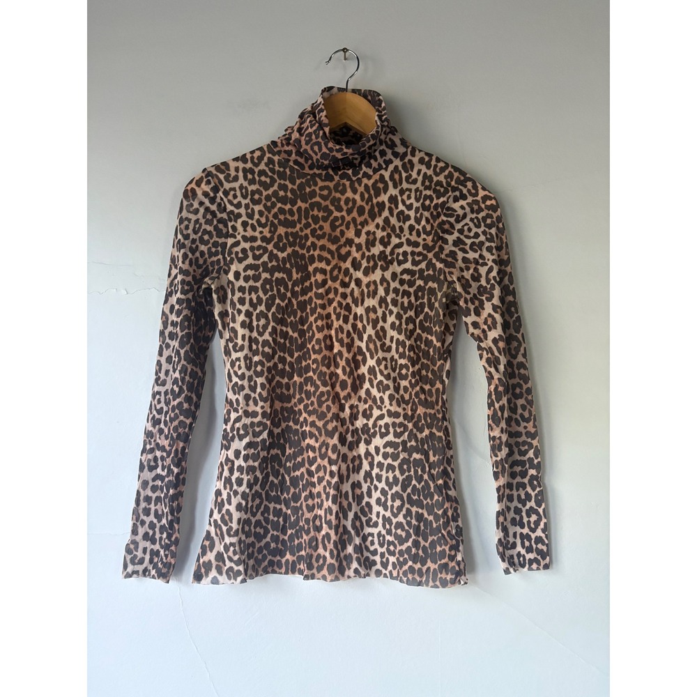 Ganni Leopard Print Mesh Mock Neck Long Sleeve‎ Top Size 38 or Size 6 US - Picture 13 of 13